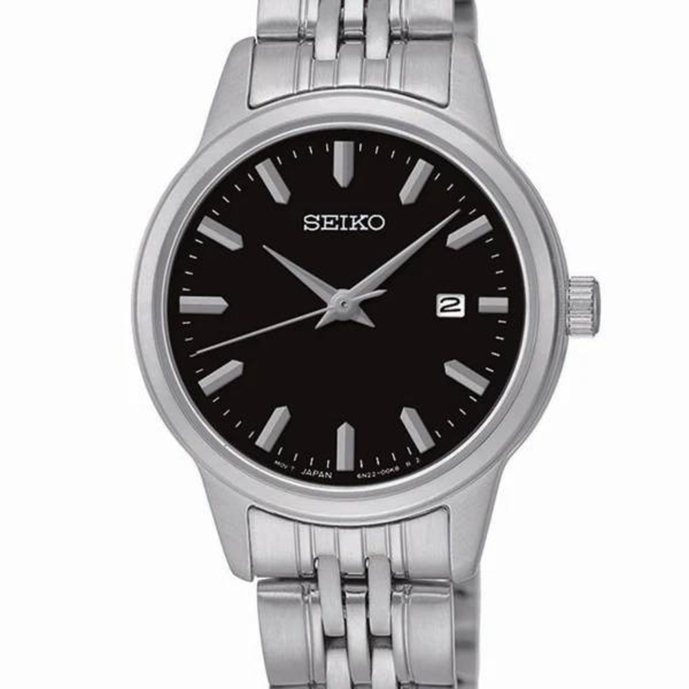 Seiko Essentials SUR835 Womens Black Dial Stainless Steel Quartz Watch 28mm 5ATM